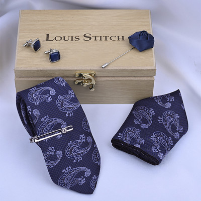 LOUIS STITCH Silk Cufflink & Tie Pin Set(Blue)