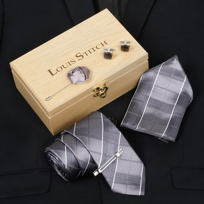 LOUIS STITCH Silk Cufflink & Tie Pin Set(Grey)