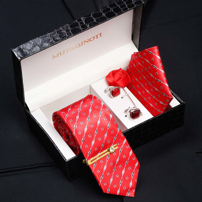MUTAQINOTI Silk Cufflink & Tie Pin Set(Red)