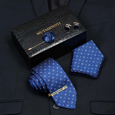 MUTAQINOTI Silk Cufflink & Tie Pin Set(Blue)