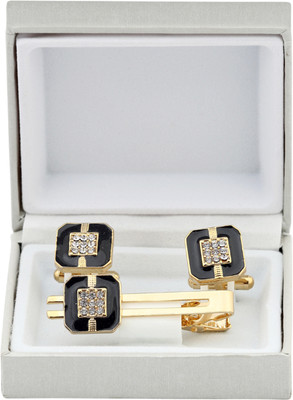 TIEPIN Brass Cufflink & Tie Pin Set(Black, Gold)