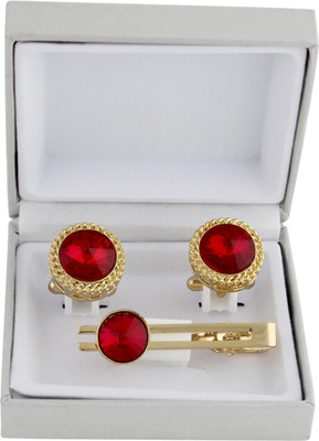 SANDHA Brass Cufflink & Tie Pin Set(Gold, Red)