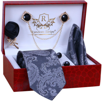 RANDOM STRIPE Silk Cufflink & Tie Pin Set(Grey)