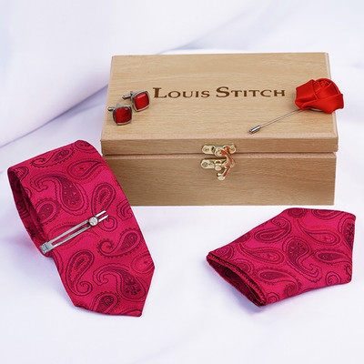 LOUIS STITCH Silk Cufflink & Tie Pin Set(Red)