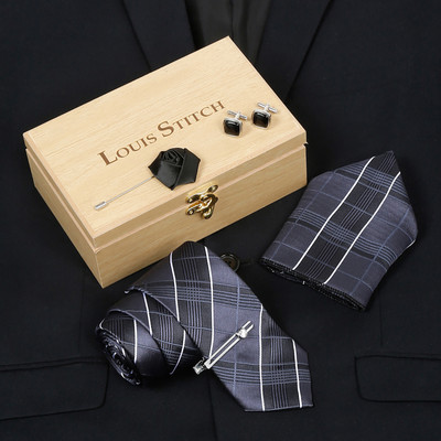 LOUIS STITCH Silk Cufflink & Tie Pin Set(Grey)