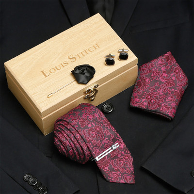 LOUIS STITCH Silk Cufflink & Tie Pin Set(Maroon)
