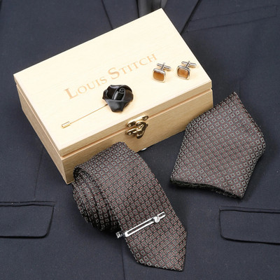 LOUIS STITCH Silk Cufflink & Tie Pin Set(Brown)