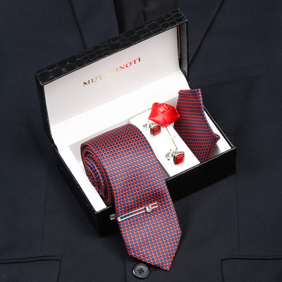 MUTAQINOTI Silk Tie & Cufflink(Red, White)