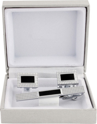 SANDHA Metal Cufflink & Tie Pin Set(Silver, Black)