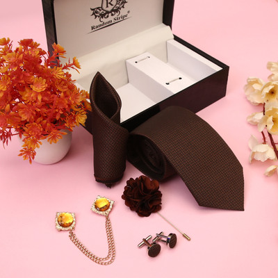 RANDOM STRIPE Silk Cufflink & Tie Pin Set(Brown)