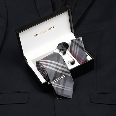 MUTAQINOTI Silk Cufflink & Tie Pin Set(Grey)