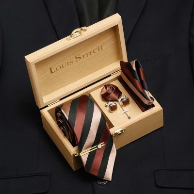 LOUIS STITCH Silk Cufflink & Tie Pin Set(Brown, Black, Beige)
