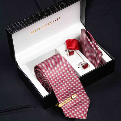 MUTAQINOTI Silk Cufflink & Tie Pin Set(Pink)