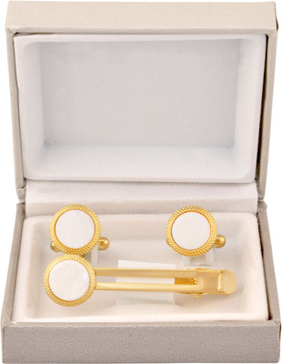 TIEPIN Brass Cufflink & Tie Pin Set(Gold, White)