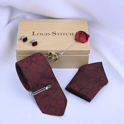 LOUIS STITCH Silk Cufflink & Tie Pin Set(Maroon)