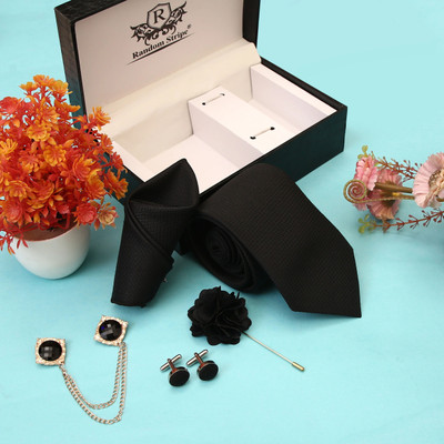RANDOM STRIPE Silk Cufflink & Tie Pin Set(Black)