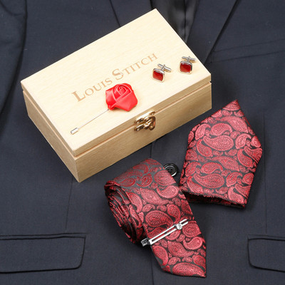 LOUIS STITCH Silk Cufflink & Tie Pin Set(Red, Red, Red, Red)
