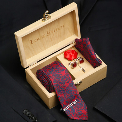 LOUIS STITCH Silk Cufflink & Tie Pin Set(Red)