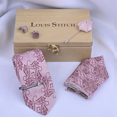 LOUIS STITCH Silk Cufflink & Tie Pin Set(Pink)