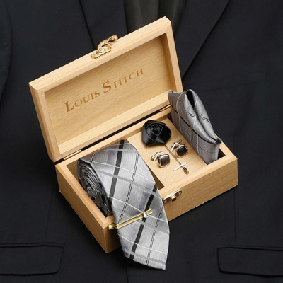 LOUIS STITCH Silk Cufflink & Tie Pin Set(Silver)