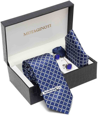 MUTAQINOTI Silk Cufflink & Tie Pin Set(Blue)