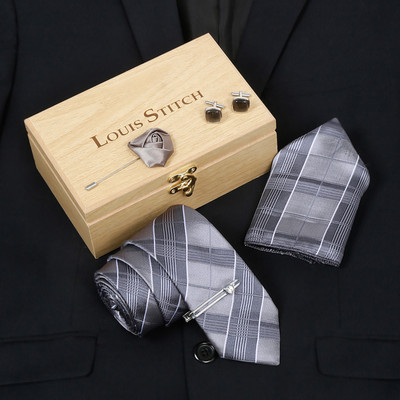 LOUIS STITCH Silk Cufflink & Tie Pin Set(Grey)