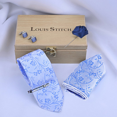 LOUIS STITCH Silk Cufflink & Tie Pin Set(Blue)