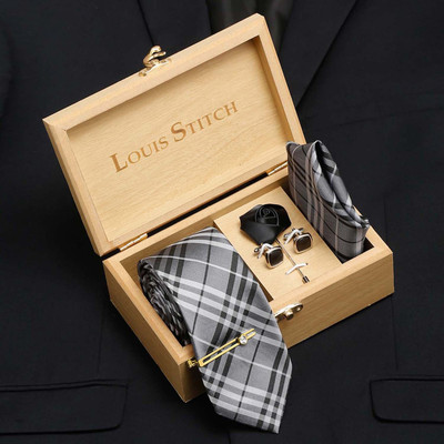 LOUIS STITCH Silk Cufflink & Tie Pin Set(Grey)