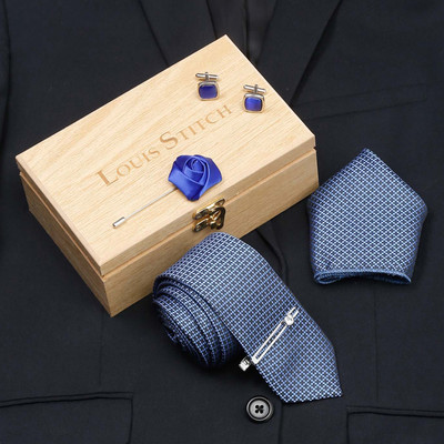 LOUIS STITCH Silk Cufflink & Tie Pin Set(Blue)