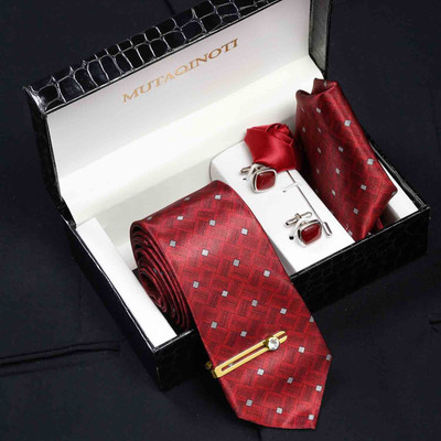 MUTAQINOTI Silk Cufflink & Tie Pin Set(Maroon)