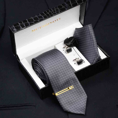 MUTAQINOTI Silk Cufflink & Tie Pin Set(Grey)