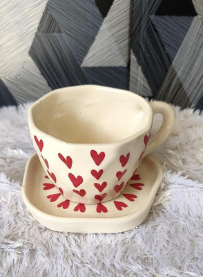 Mad Over Print Ceramic Little Heart Mug & Coaster(Off White, Cup and Saucer)
