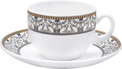 LAOPALA DIVA Pack of 12 Opalware La Opala Sovrana Moraccan Gold 6 Cup and 6 Saucer Set 160 ml(White, Gold, Cup and Saucer Set)