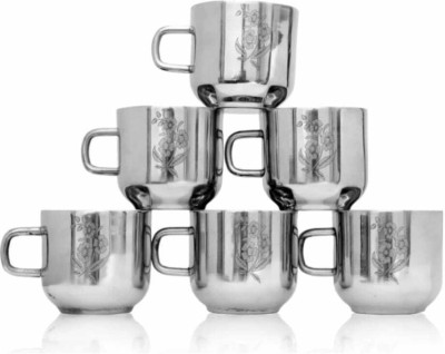 ARPANA BRIGHT Pack of 6 Stainless Steel Double Wall Flower Laser Print Tea and Coffee 100ml 6 Pc Serving Cup Set(Silver, Cup Set)