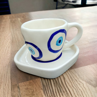 Malaikah Pack of 1 Ceramic Malaikah hand painted evil eye printed cup and saucer set for tea or coffee(Off White, Cup and Saucer)