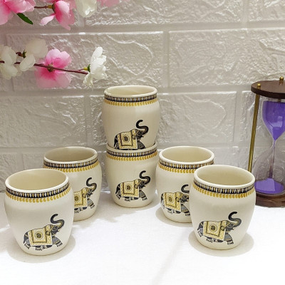 AAV WORLD Pack of 6 Ceramic ELEPHANT 145@23 KULLHAR IN CREAM COLOUR(White, Cup Set)