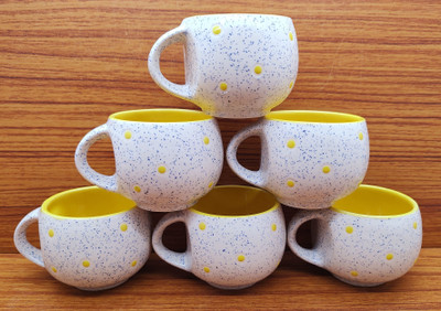 laghima jadon Pack of 6 Ceramic Tea/Coffee Cups Chai Round Shape Marble Matte Design cup 120ML (White & Yellow)(White, Yellow, Cup Set)