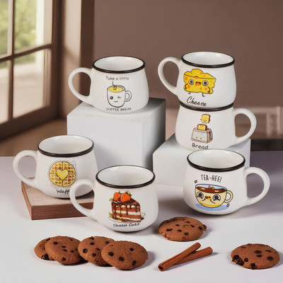 Trisha Pack of 6 Ceramic Food Emoji Print Tea Cup|Green tea set 06(Multicolor, Cup Set)