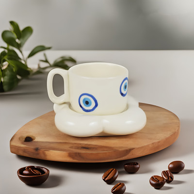 kaolinite Pack of 1 Ceramic Elegant Evil Eye Design Premium Cup and Saucer Set | Coffee Mug | Tea Set(White, Cup and Saucer)
