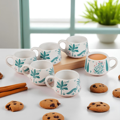 Trisha Pack of 6 Ceramic Peacock Print Tea set of 6(White, Light Green, Cup Set)