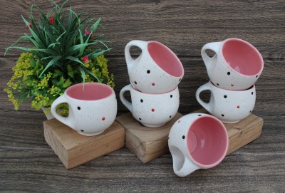 laghima jadon Pack of 6 Ceramic Tea/Coffee Cups Round Shape Dot Dot White & Peach Colour 130 ML Ax2(White, Multicolor, Cup Set)