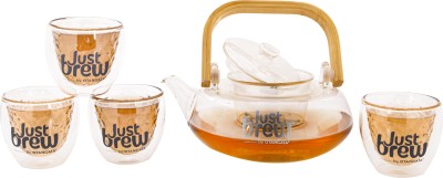 JustBrew Pack of 5 Borosilicate Glass Bamboo Teapot Set, 1 Tea Pot(800ml) with 4 Cups(100ml) | Borosilicate Glass(White, Cup Set)