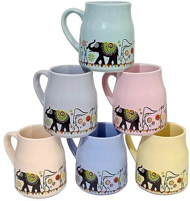 Earthystone Pack of 6 Ceramic Elephant Printed | Tea/Coffee Cups - Set of 6-180 ml Each (Tea Cups - 6 Pcs)(Multicolor, Cup Set)