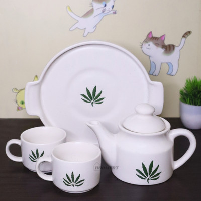 HOOMERT Pack of 1 Ceramic Handcrafted Leafs Tea Set with Tray – 1 Kettle, 2 Cups, and Tray(White, Green, Cup Set)