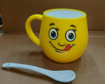 Veryke Pack of 1 Ceramic plastic Smiley Face Cups Emoji Style Tea Cup with Handle Microwave Safe Tea Cup/Coffee Cup of 1 pic(Yellow - 1 Piece Random Design)(Yellow, Cup Set)