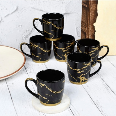 DULARIYA Pack of 6 Bone China cermic Pack of 6 and Coffee Cup Set of 6 Pieces 160 ml Black & Gold cup set(Maroon, Gold, Cup Set)