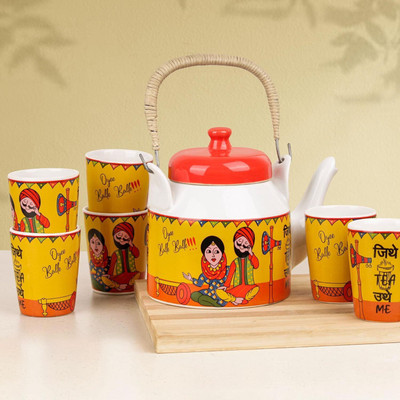 Amazecart Pack of 7 Ceramic Punjabi Quotations Tea/Coffee Set of 7 Pcs(Multicolor, Cup Set)