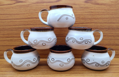 laghima jadon Pack of 6 Ceramic Tea/Coffee Cups White Lines Design Matka Round Shape Beautiful & Stylish 120 ML(White, Brown, Cup Set)