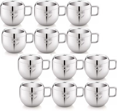 LIMETRO STEEL Pack of 12 Stainless Steel Double Wall Apple Laser Printed Flower Design Tea, Coffee Cup,(Silver, Cup Set)