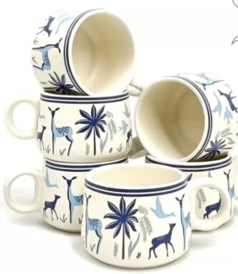 AAV WORLD Pack of 6 Ceramic BLUE DEER IN WHITE CERAMIC CUP(White, Cup Set)